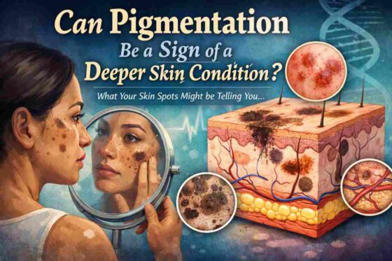 Illustration showing facial skin pigmentation and a skin cross-section explaining how dark spots may indicate underlying skin or health conditions