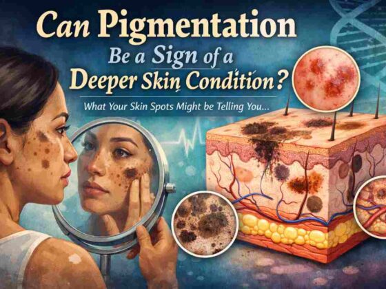 Illustration showing facial skin pigmentation and a skin cross-section explaining how dark spots may indicate underlying skin or health conditions