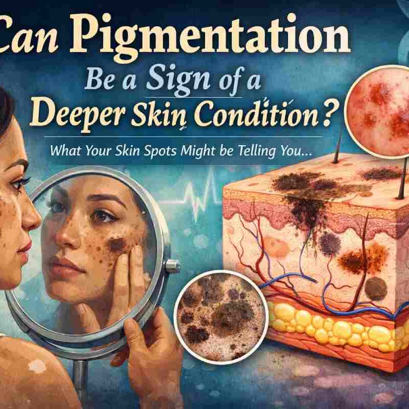 Illustration showing facial skin pigmentation and a skin cross-section explaining how dark spots may indicate underlying skin or health conditions