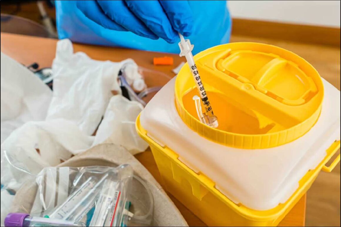 Used syringe being safely disposed of in a yellow sharps container with medical gloves and supplies nearby